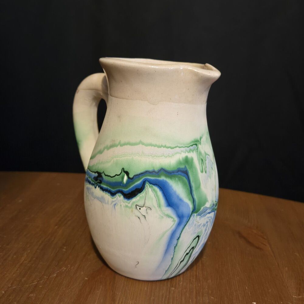 VTG Nemadji Pottery Handmade Blue Green Black Swirl Pitcher Vase Creamer 5.5